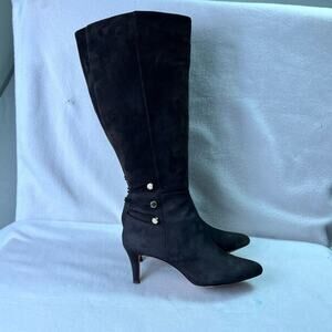 ANTONIO MELANI Midnight Black Wide Calf Suede Heeled Boots